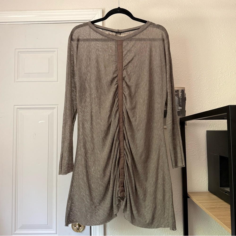 CYNTHIA ASHBY tan taupe grey lagenlook sheer crochet open knit long sleeve tunic